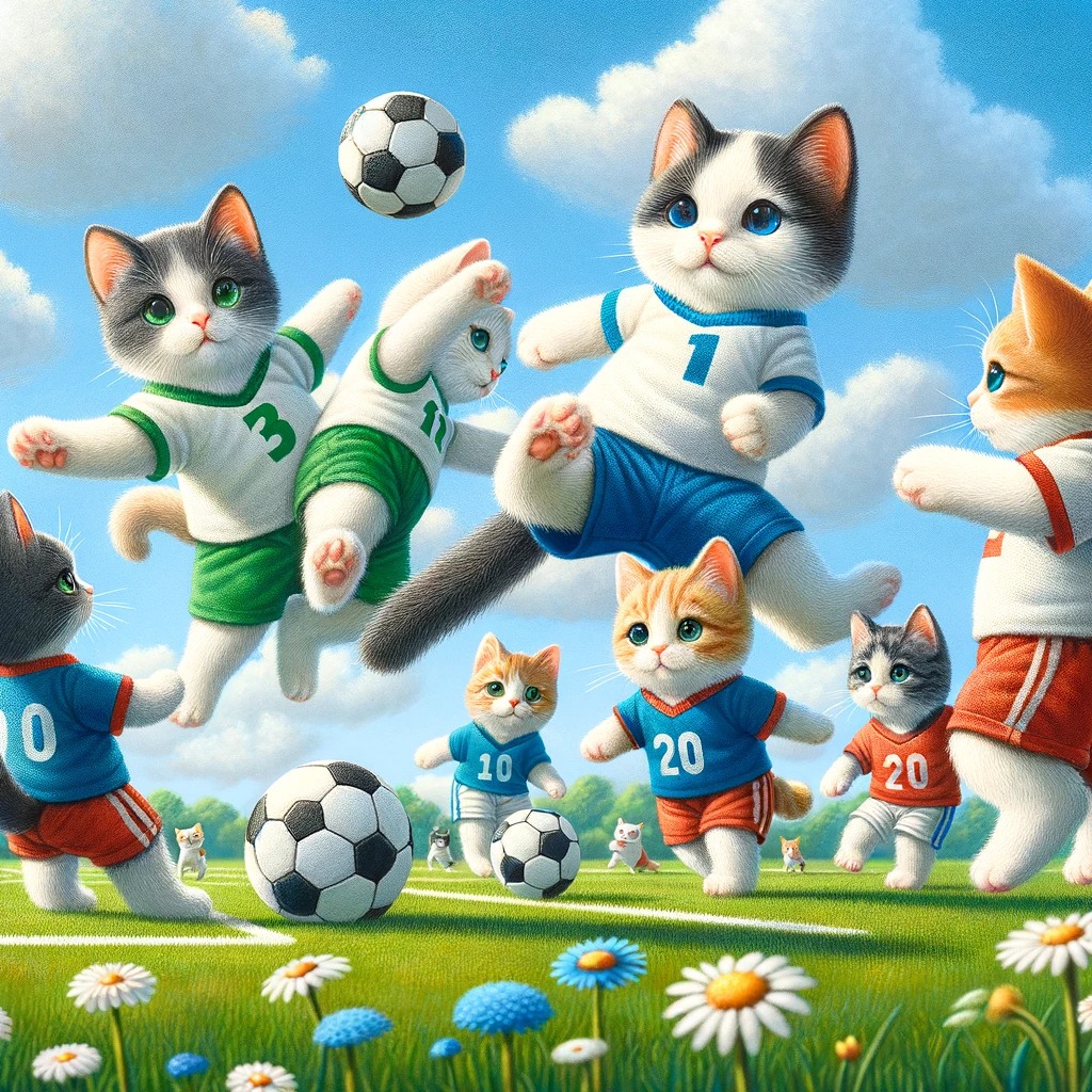 DALL·E 2023 11 29 14.31.25 A whimsical scene of a group of cats playing football in a lush green field. The cats in various playful poses are wearing colorful miniature footba